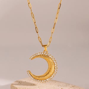 1 Piece Simple Series Punk Moon Stainless Steel  Gold Color Rhinestone Women's Pendant Necklaces h5 